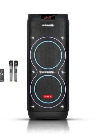 Акустическая переносная колонка zxx-5560 2x10" tws/fm/usb/tf/bt/rec/led/2mic/дк 100вт беспроводная колонка