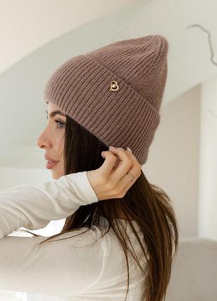 Теплая женская шапка "ангора сердечко" с флисовой подкладкой светло коричневый