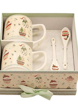 Чайный набор 2 чашки r36252 "домашнее рождество" керамика с ложками в подарочной коробке 280 мл белый