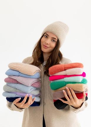 Женская зимняя шапка «бини ангора» с ангорой 80% орнаментом и флисовой подкладкой бирюзовый