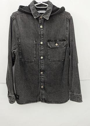Рубашка джинсовая для мальчика zara, хлопок,черная,рубашка,джинс,з,длинным,рукавом,капишон,широкая,свободная,прямая, варенка, худи