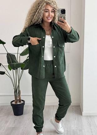 Вельветовий костюм колір хакі: сорочка на кнопках та джогери
