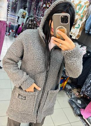 Тепле пальто тедді кофта на змійці з капішоном і високим воротом з кишенями