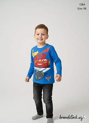 Синий лонгслив на 2/3 года для мальчика c&amp;a размер 98 с принтом молния маквин cars disney