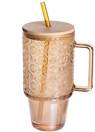 Чашка скляна nika 750 мл з кришкою та трубочкою, карамель