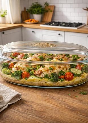 Деко овальна форма з жароміцного скла для запікання з кришкою та ручками 32×23 см 3.5 л s&t