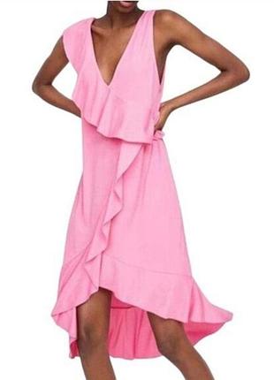 Женское розовое асимметричное платье zara в рубчик