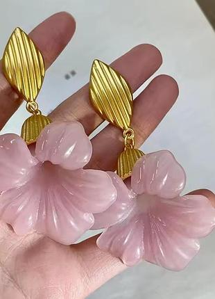 Роскошные серьги цветы, гибискус, каркаде, матовое золото, лилия