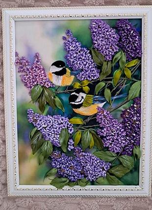 Картина стрічками "бузок і синички"