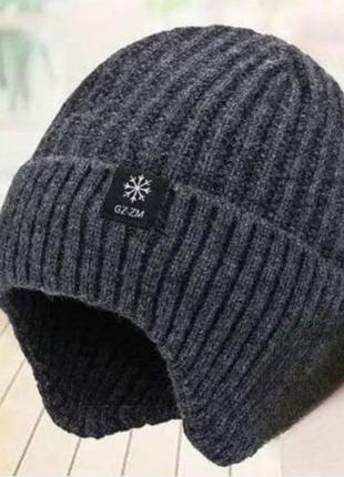 Зимняя шапка шлем с начесом шапка в рубчик утепленная шапка закрывает уши теплая шапка-шлем на махре шапка унисекс