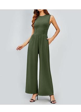 Жіночий комбінезон з ефектом утяжки оливкового кольору (хакі)  широкими штанинами та без рукавів тканина трикотаж в рубчик