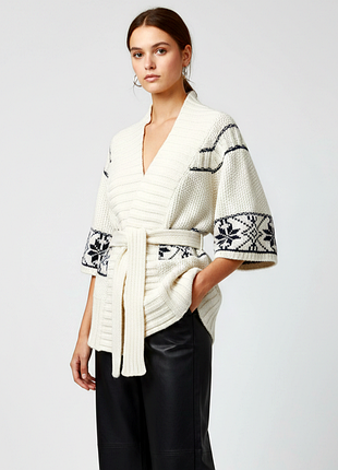 We невероятное белое пончо кардиган накидка с черным узором, с поясом, 25% альпака, 25% шерсть