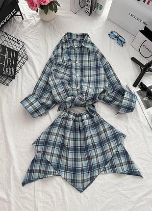 Жіночий костюм в клітинку картатий клітчатий оверсайз фланелевий сорочка і асиметрична спідниця