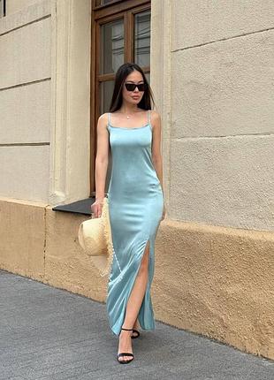 Жіноча сукня плаття комбінація на регульованих бретелях з розрізом шовкова