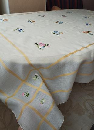 Натуральный лён🤩👌🌸🏵️невесомая скатерть, 142х174, с цветной вышивкой😍👍🌸🏵️🌺