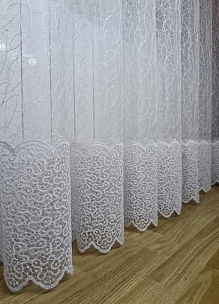 Тюль павутина с вышивкой белая, гардина в зал, спальню, с кордовой нитью