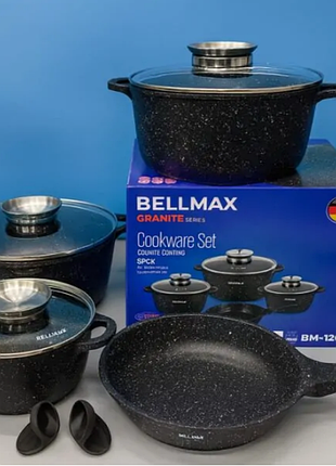 Набор кухонной посуды bellmax bm-120 черный из литого алюминия с гранитным покрытием, 9 предметов.