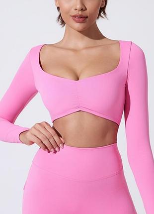 Спортивный укороченный рашгард бесшовный, розовый кроп-топ для спорта/фитнеса/тренировок/зала с длинным рукавом женский, elasoft premiun/second skin