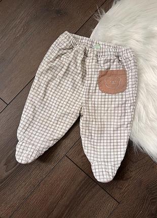 Повзунки штани для хлопчик 1-3 міс 62 см з ведмедиком в клітинку молочні бежеві коричневі закриті ніжки