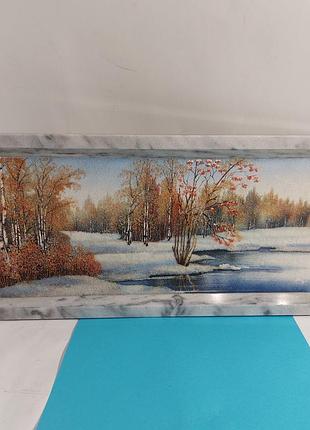 Картина, на камне, мрамор,  зимний  лес, пейзаж