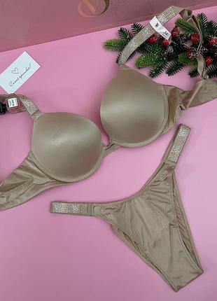 Комплект білизни victoria’s secret зі стразами оригінал пуш ап +1.5 розміру  верх 34б наш 75б низ бразильяна с