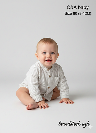 Дитяча сорочка c&a baby для хлопчика, розмір 80 (9-12 місяців), білий у сіру смужку, бавовна