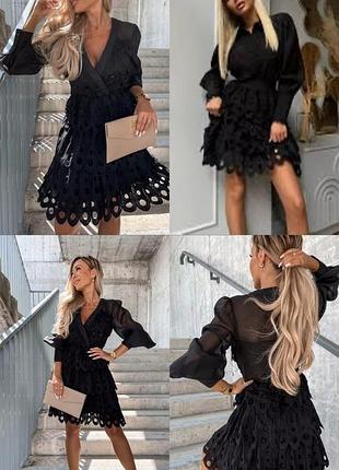 Стильная чёрная короткое платье коктейльное нарядное с кружевом размер s