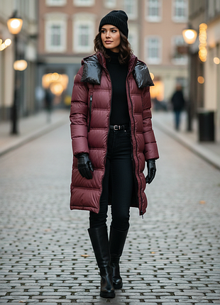 Пуховик удлиненный бордового цвета, paquito pronto moda, италия