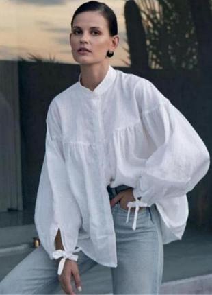 Белая хлопковая рубашка-блуза с объёмными рукавами topshop
