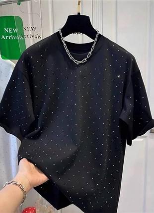 Жіноча футболка зі стразами вільного крою оверсайз з натуральної тканини якісна