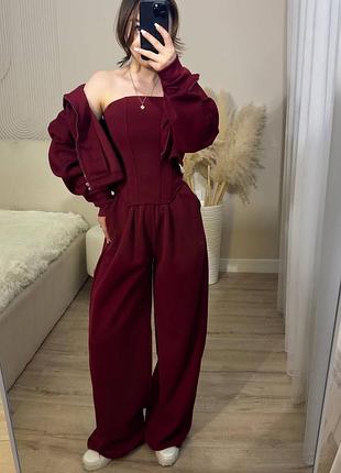 Жіночий костюм спортивний трійка топ корсет + штани на затяжках і кофта зіпка якісний