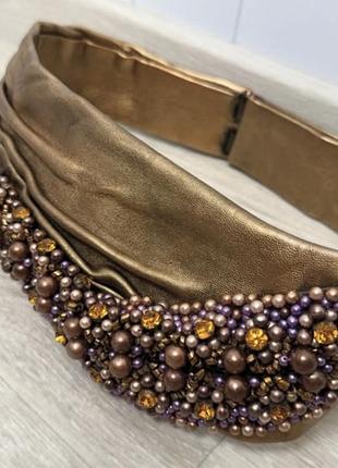 Широкий вінтажний золотистий шкіряний пояс із драпіруванням нашиті стрази бісер натуральна шкіра