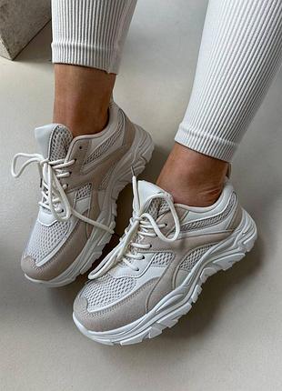 Кроссовки 11582, р.36,37,38,39,40, натуральная кожа+замш+сетка, беж