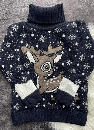 Дитячий светр з новорічною тематикою бейбік синя новорічна в'язана кофта з оленями на дитину