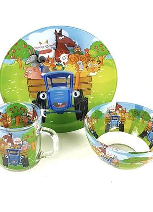Дитячий набір посуду синій трактор 3 предмета