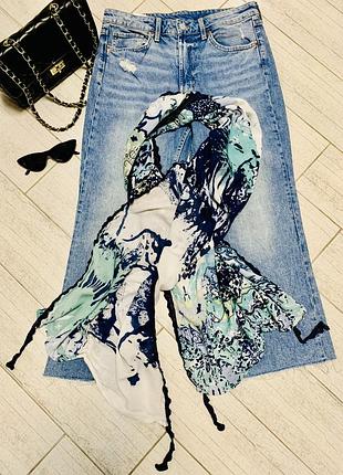 Жіночий шарф-палантин в квітковий принт в блакитно-зеленому кольорі