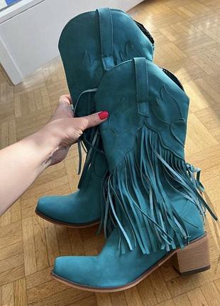 Синие ковбойские сапоги с бахромой western style