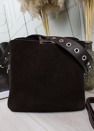 Жіноча стильна та якісна сумка з натуральної замші та еко шкіри коричнева