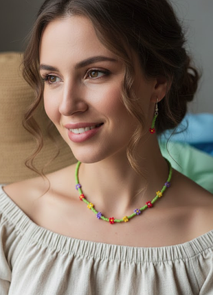 Комплект намисто та сережки з бісеру ручна робота квіточки кольорові