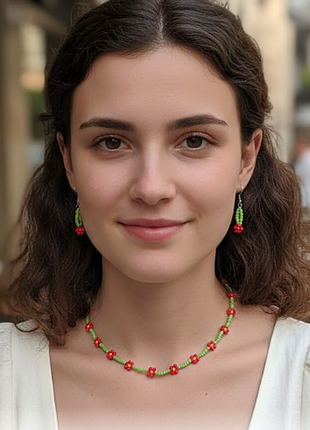 Комплект ожерелье и серьги из бисера ручная работа красные цветочки