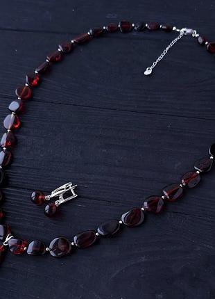 Комплект намисто та сережки срібло та натуральний бурштин кольору коньяк