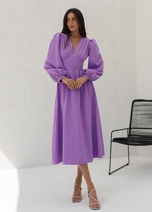 4 цвета! классическое платье с объемными рукавами буфами, платье миди из приталенное, праздничное, базовое, с вырезом декольте, костюмная, клеш