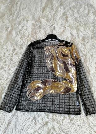 Красивая нарядная блуза сетка в пайетках с золотистыми жемчужинами заклёпками невероятно красиво пер