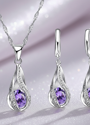 Ювелирный женский комплект украшений серьги и цепочка с кулоном с фиолетовыми камнями код 1316