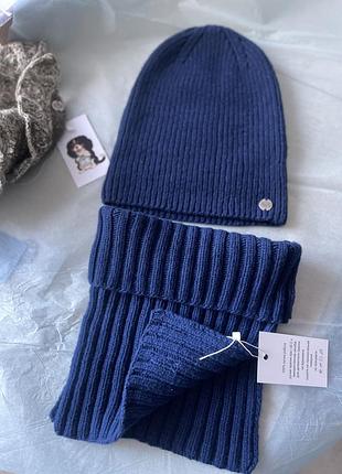 Зимовий комплект шапка та манішка – жіночий – темно-синій, універсальний розмір, 100% кашемір/меринос