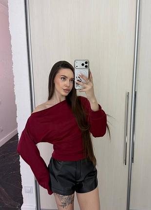 Кофта летучая мышь открытые плечи длинный рукав приталенная завязка на спинке шнуровка спушенное плечо лонгслив топ свитшот хлопок