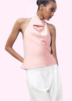 Топ жіночий халтер сатиновий атласний з відкритою спиною zara xs рожевий