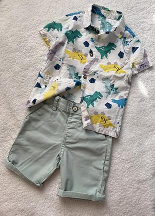 Комплект шорти чінос і літня тоненька сорочка з динозаврами набір костюм