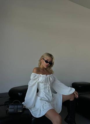 Міні сукня відкриті плечі довгий рукав завязки корсет на гудзиках пишна сарафан ліхтар манжети на резинці