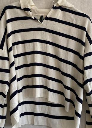 Джемпер жіночий поло у смужку defacto розмір m молочний з темно-синім вільний крій